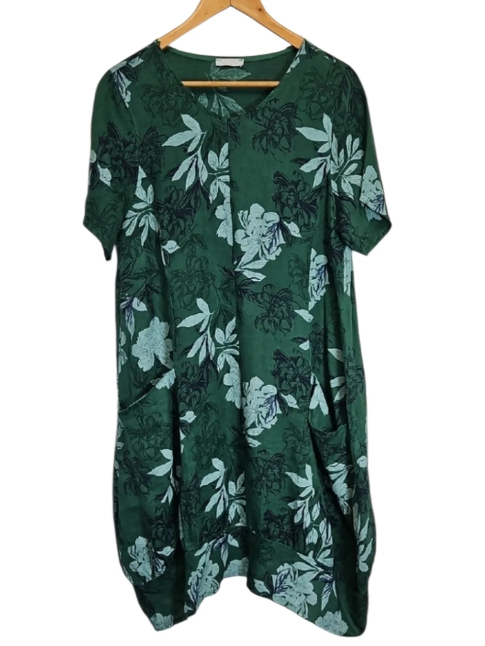 Made in Italy Green Floral Linen Dress, Size M/L